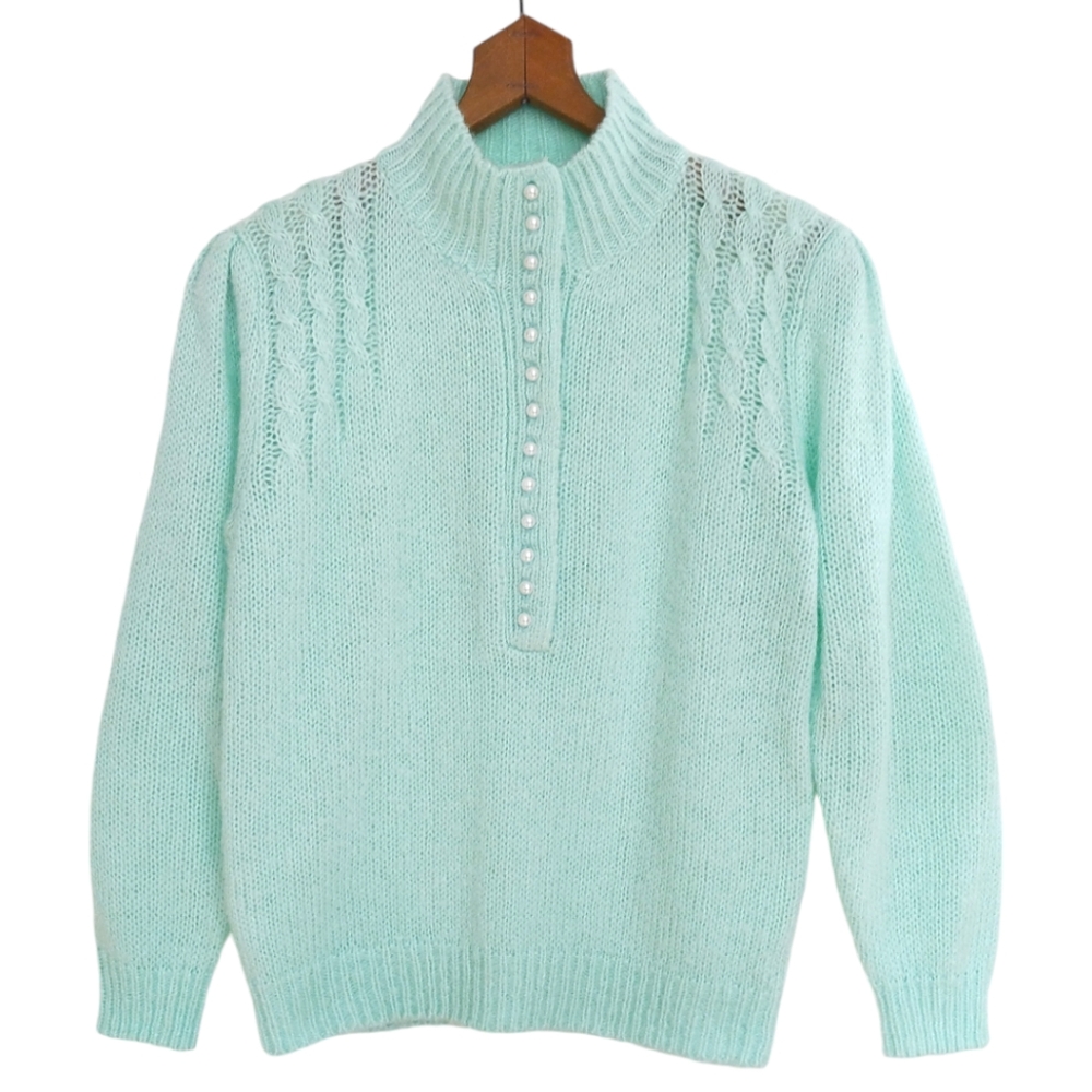 Vintage 80s 90s Puff Sleeve Collared Cable knit Sweater Size Large